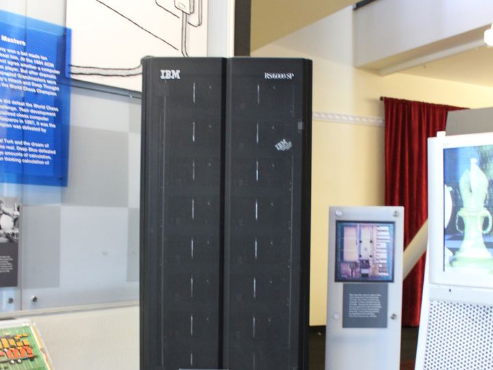 One of the two black cabinets of IBM's Deep Blue on display at the Computer History Museum