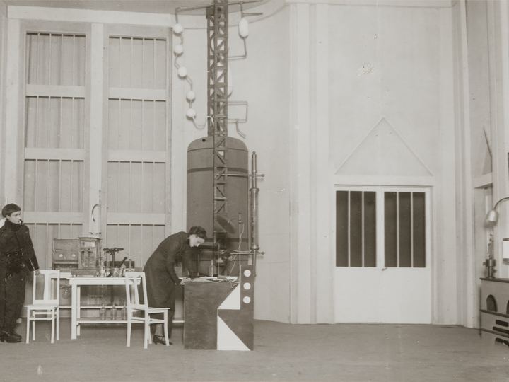 Actors on stage in a 1924 Paris production of Karel Čapek's play R.U.R.